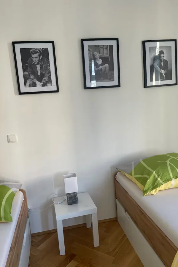 bedroom with two beds, a bedside table, a dresser and two windows