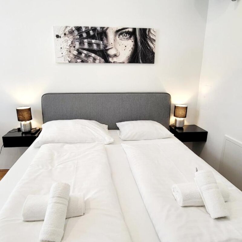 Bright bedroom with double bed – 1-room apartment for short-term rental, temporary housing for 1 to 6 months in Vienna