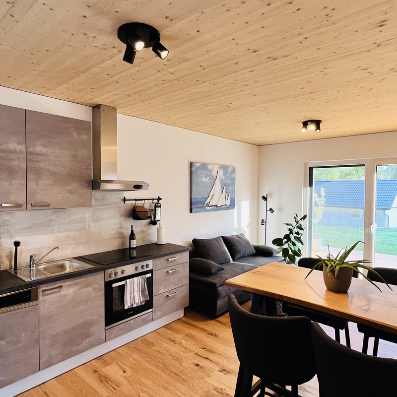 Offene Küche, Essbereich & Wohnzone: 2-Zimmer Apartment zur Kurzzeitmiete, Wohnen auf Zeit 1–6 Monate, Stubenberg