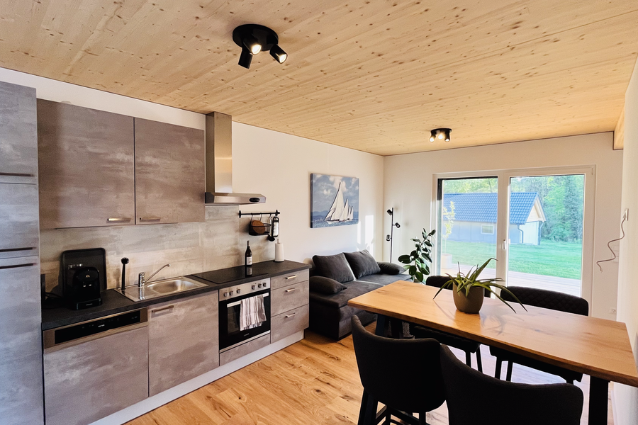 Offene Küche, Essbereich & Wohnzone: 2-Zimmer Apartment zur Kurzzeitmiete, Wohnen auf Zeit 1–6 Monate, Stubenberg