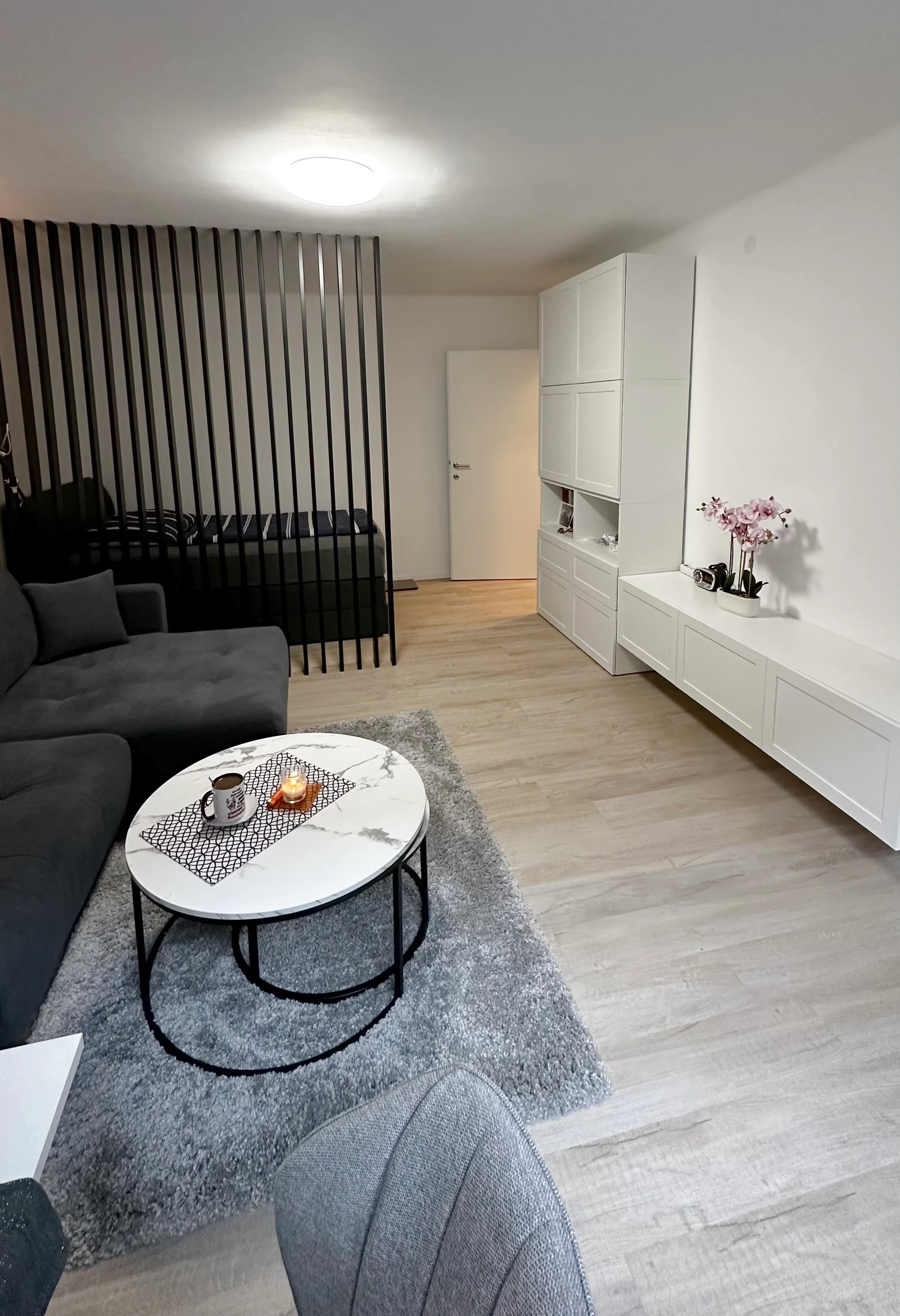 Das frisch renovierte Wohnzimmer mit moderner Couch, stilvollen Möbeln und viel Tageslicht - perfekt zum Entspannen nach einem langen Tag.