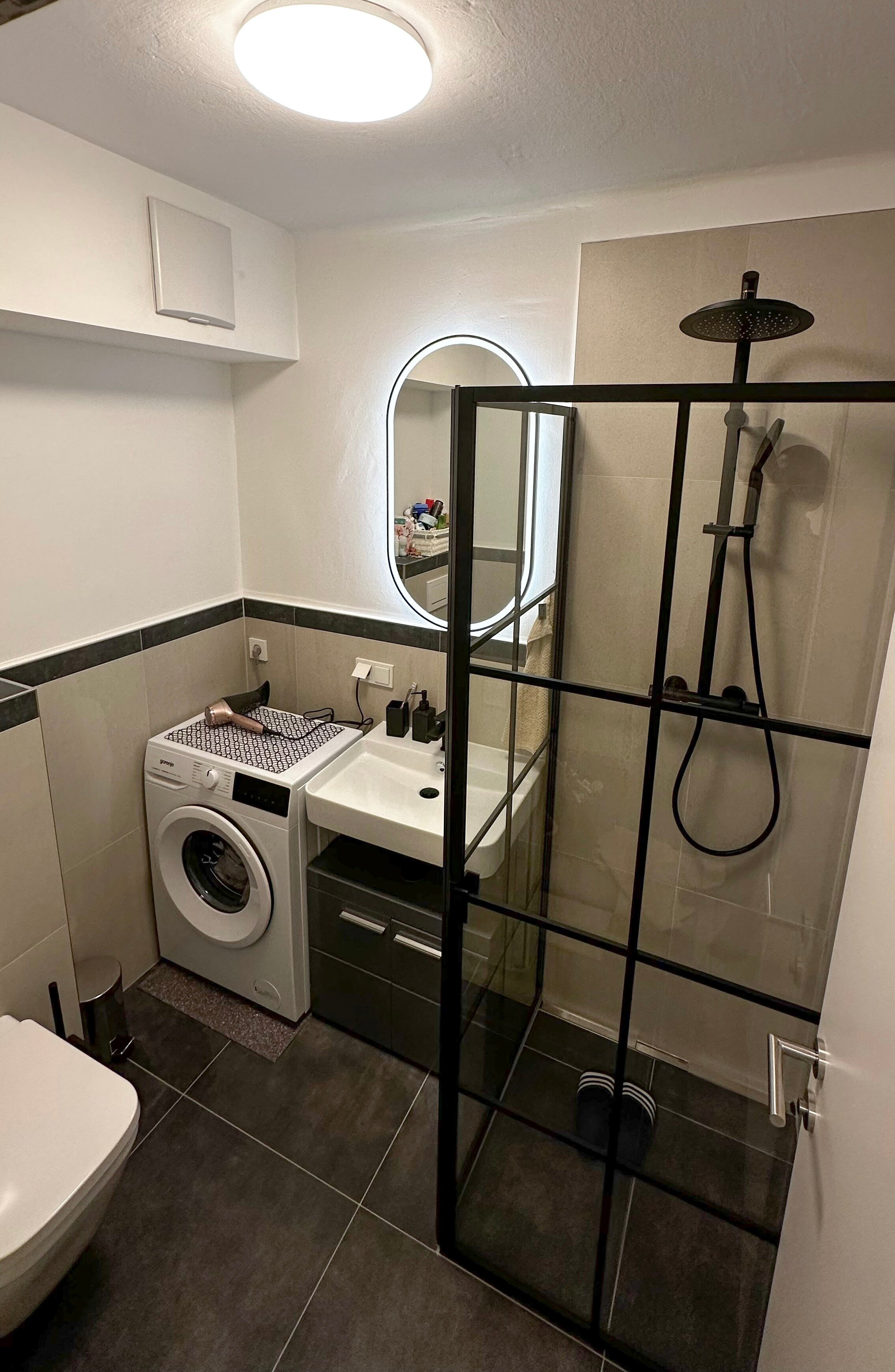 The completely renovated bathroom with stylish design, large shower and modern fittings.