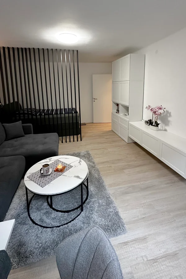 Das frisch renovierte Wohnzimmer mit moderner Couch, stilvollen Möbeln und viel Tageslicht - perfekt zum Entspannen nach einem langen Tag.