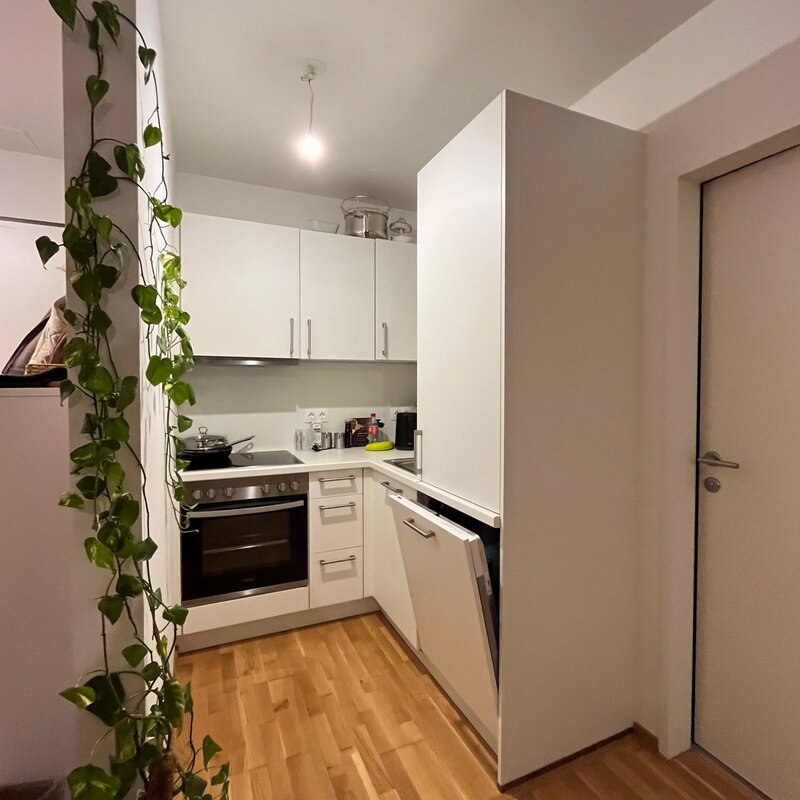 Küche mit Backofen, Herd, Geschirrspüler, Toaster, Wasserkocher, Geschirr und Kochutensilien