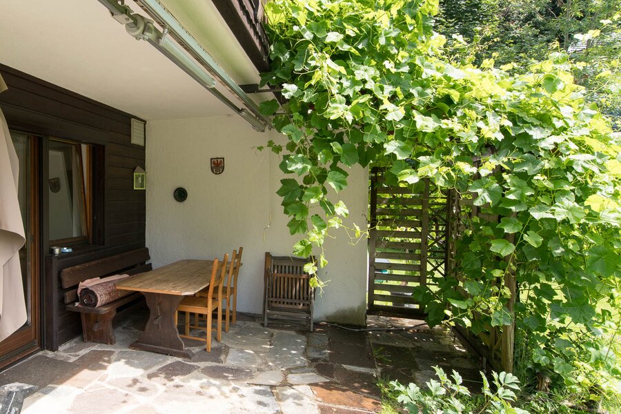 Terrace with wooden furniture & vine – 3-room apartment for short-term rental & temporary housing for 1 to 6 months in Volders