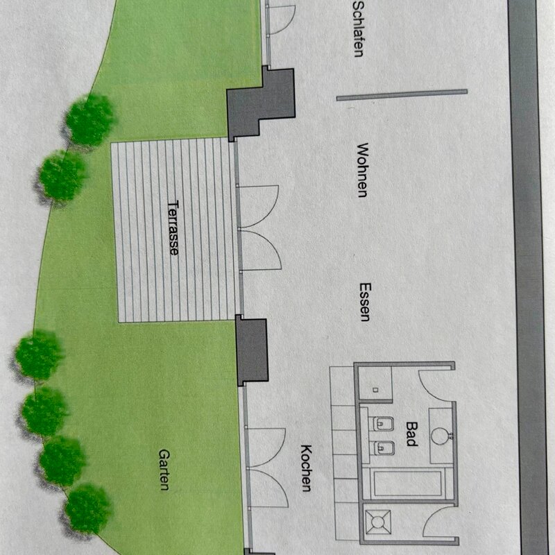 Das Schlafzimmer ist durch zwei bodentiefe Schiebetüren zugänglich