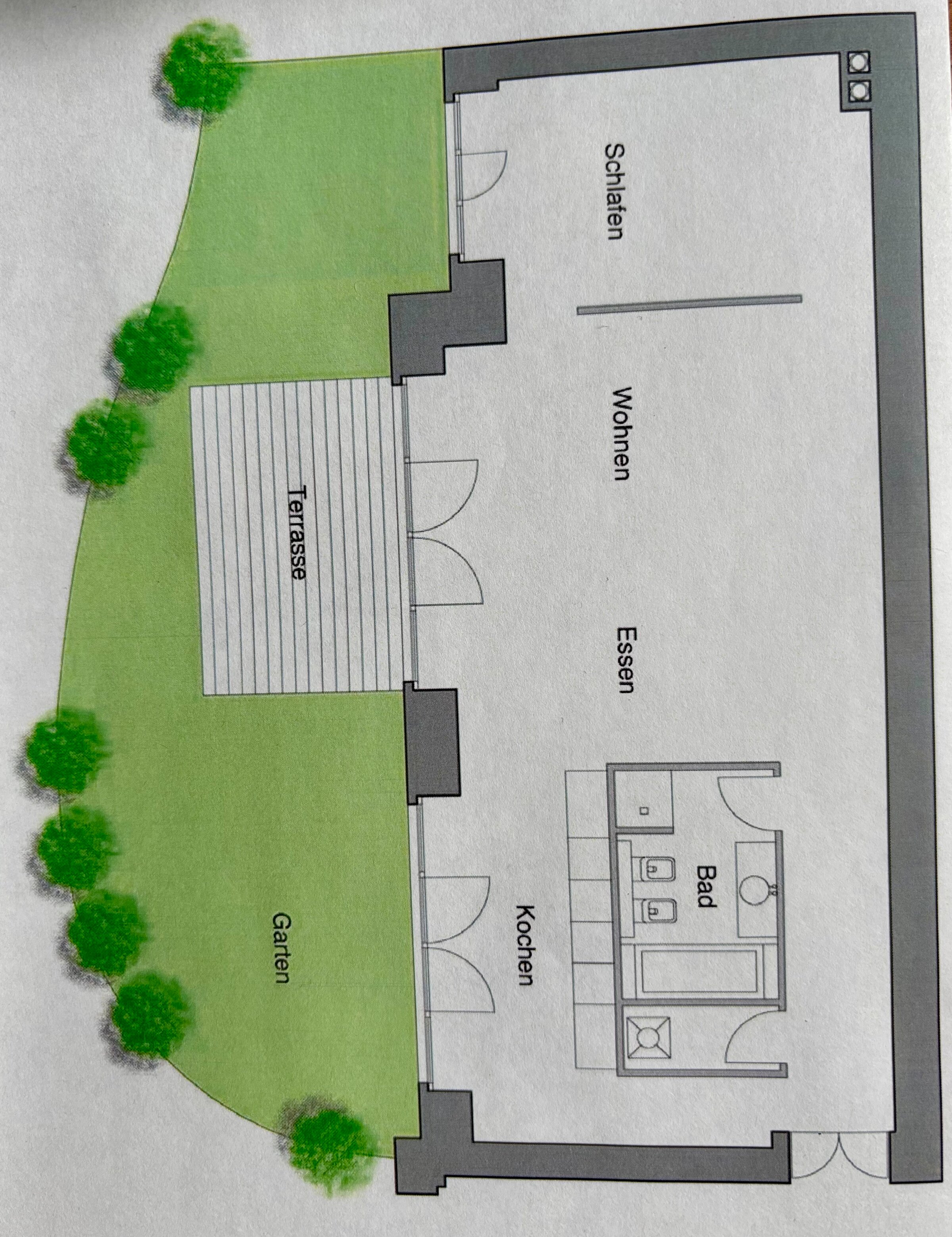 Das Schlafzimmer ist durch zwei bodentiefe Schiebetüren zugänglich