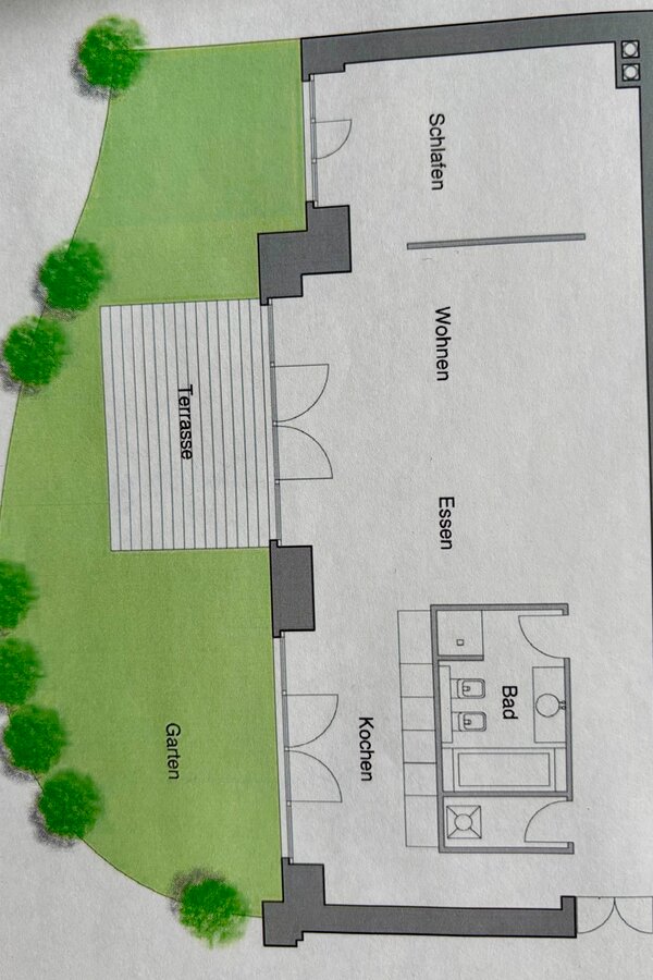 Das Schlafzimmer ist durch zwei bodentiefe Schiebetüren zugänglich