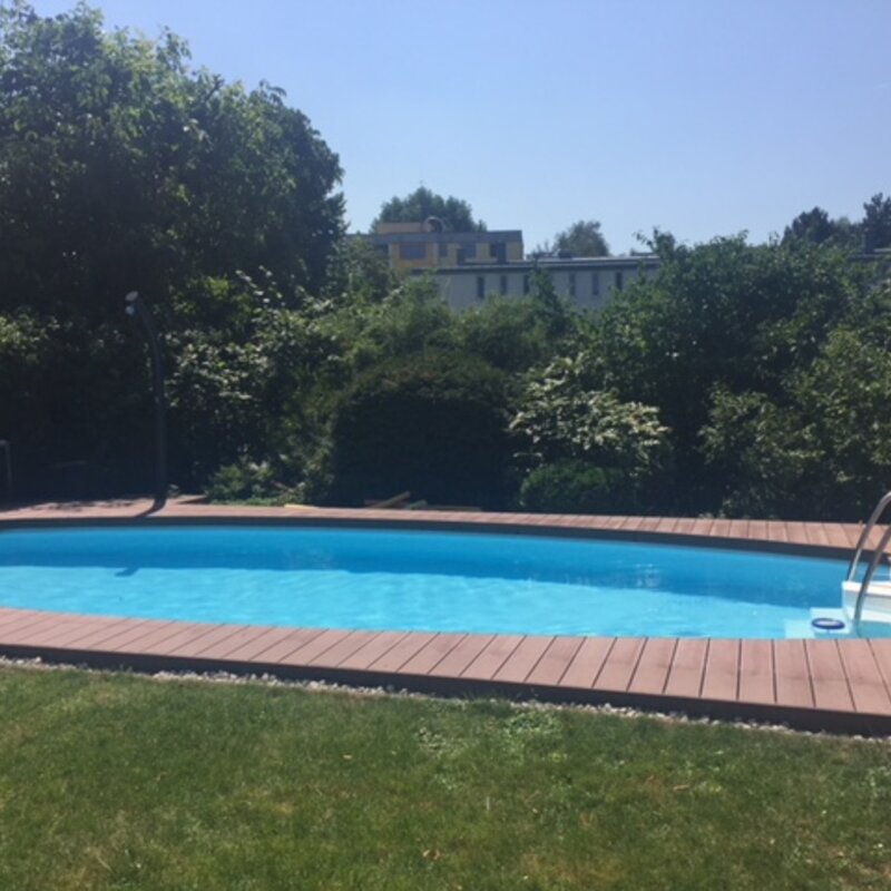 Blick vom Haus zum Pool