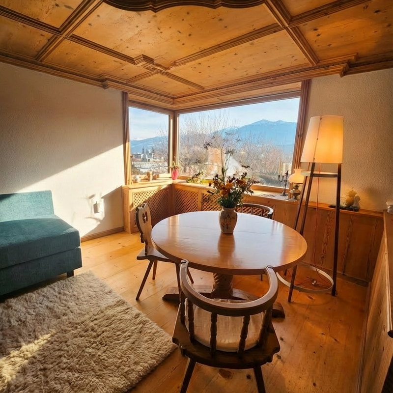 Wohnzimmer mit Blick über die Stadt und die Berge | © villamarwa