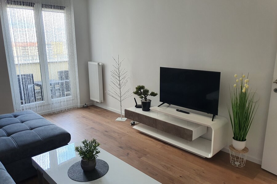 Helles Wohnzimmer mit modernem TV-Möbel & Sofa – 2-Zimmer-Wohnung Kurzzeitmiete Wien, Wohnen auf Zeit 1 bis 6 Monate