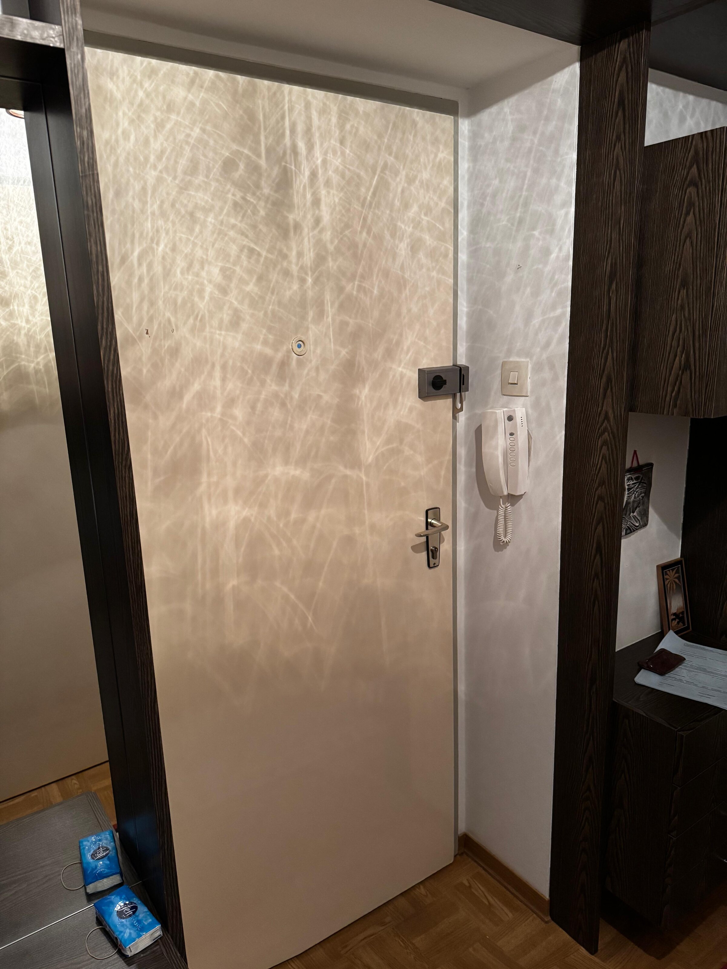 Der Eingangsbereich verfügt über eine stabile Sicherheitstür mit Spion für zusätzlichen Schutz. Eine Garderobe mit Ablagemöglichkeiten sorgt für Ordnung. Die Gegensprechanlage ermöglicht eine bequeme Kommunikation mit Besuchern. | © Stefan Gabriel