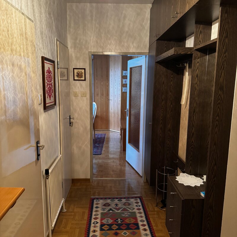 Der Vorraum bietet eine praktische Garderobe mit Stauraum und eine helle Atmosphäre. Von hier aus gelangt man in das Wohn-/Schlafzimmer, das durch eine offene Tür sichtbar ist. Die Kombination aus Holzmöbeln und Wanddekoration verleiht dem Eingangsbereich einen gemütlichen Charakter. | © Stefan Gabriel