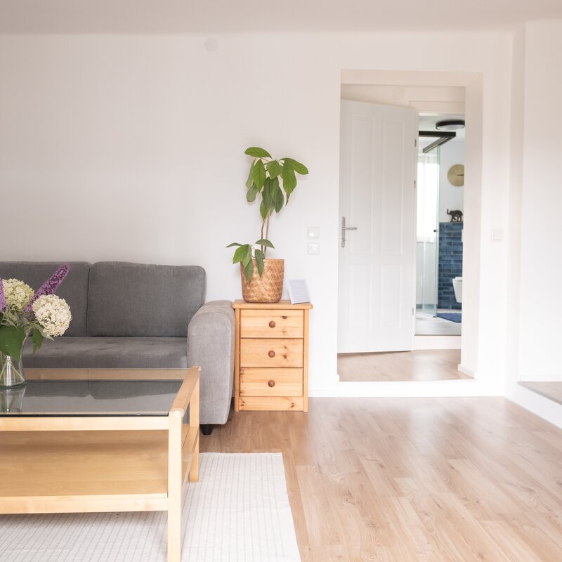 View through the living area and the hallway to the bathroom. Patio door at the back.