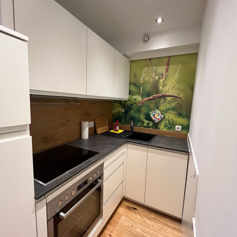 Küche mit Herd, Backrohr, Geschirrspüler, Kühlschrank und Gefrierschrank