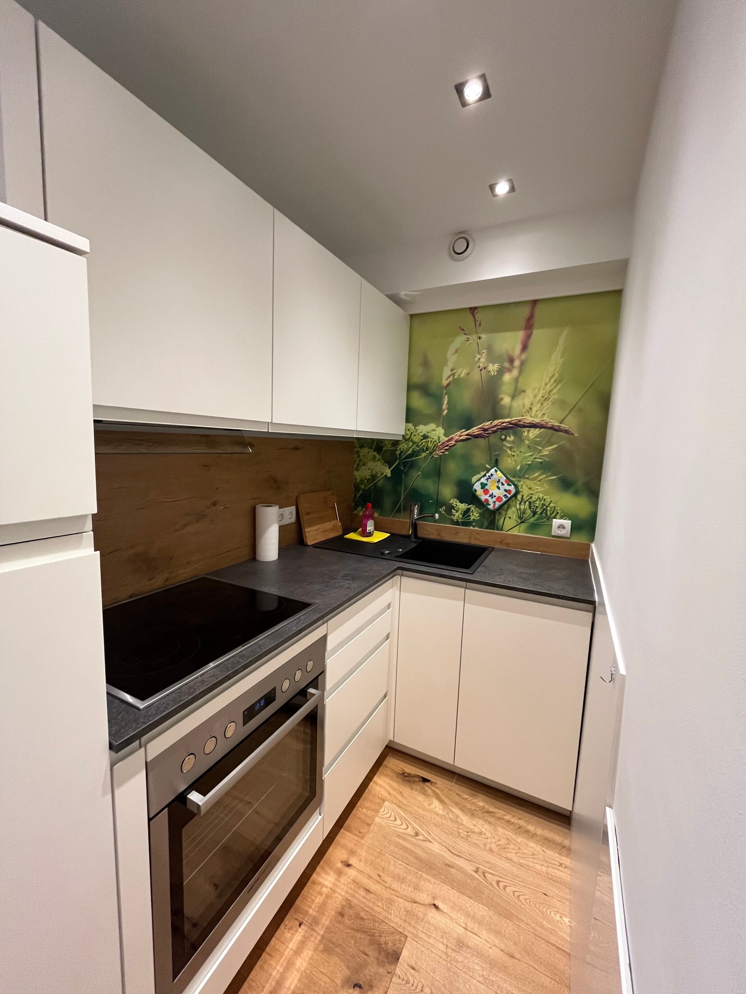 Küche mit Herd, Backrohr, Geschirrspüler, Kühlschrank und Gefrierschrank