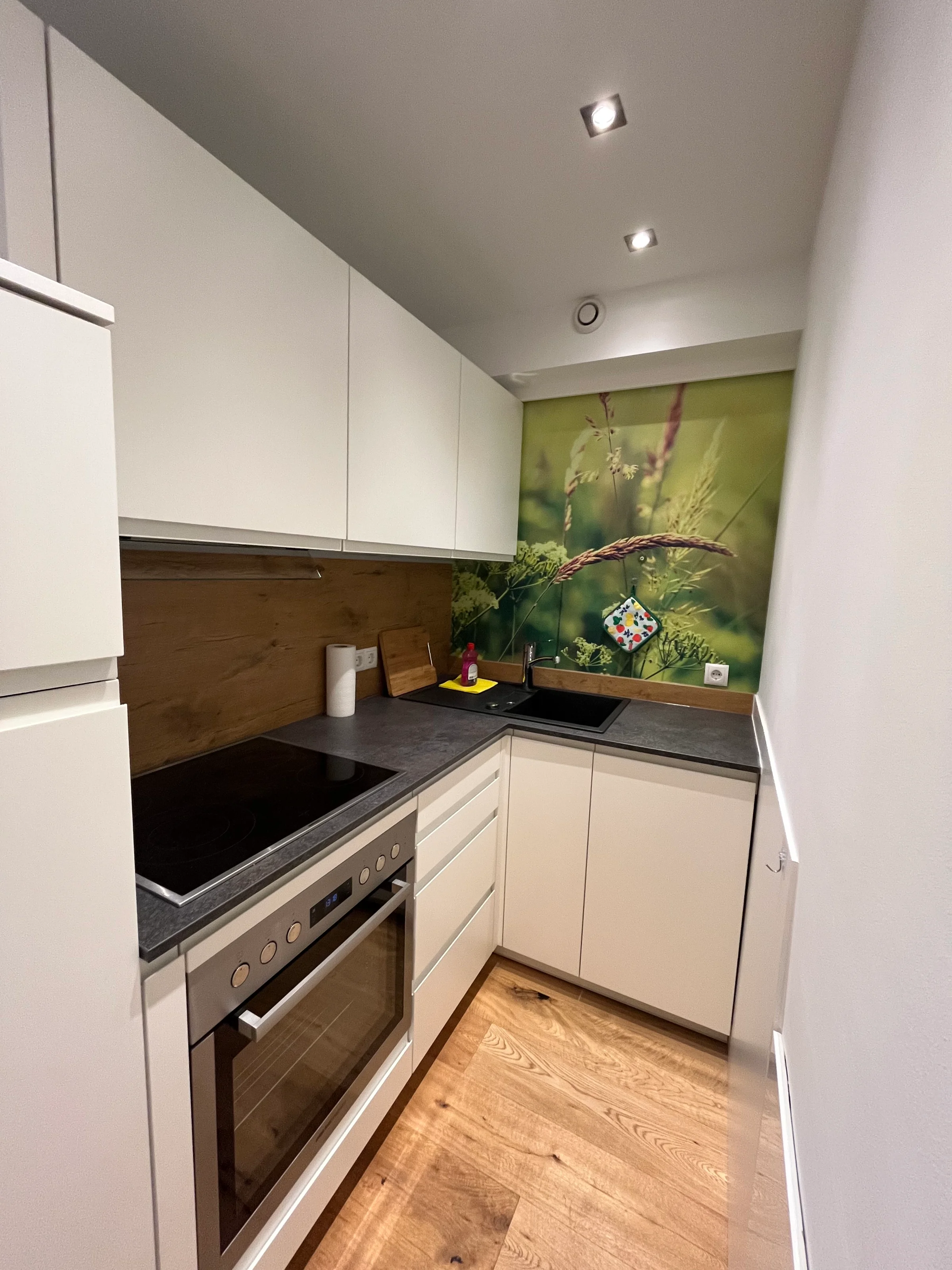 Küche mit Herd, Backrohr, Geschirrspüler, Kühlschrank und Gefrierschrank