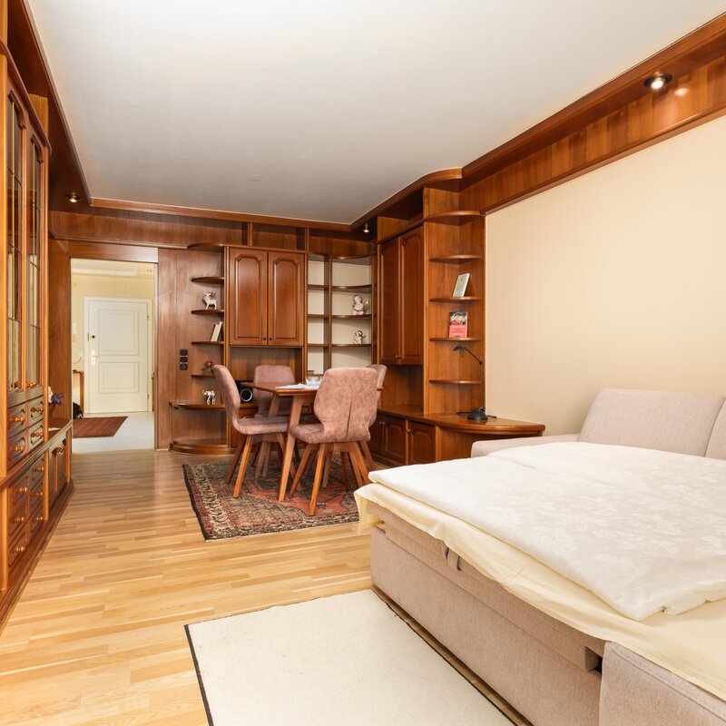 Living room with plenty of storage space and a flexible sofa bed: Perfect for guests or spontaneous overnight stays. The wooden furniture creates a warm atmosphere.