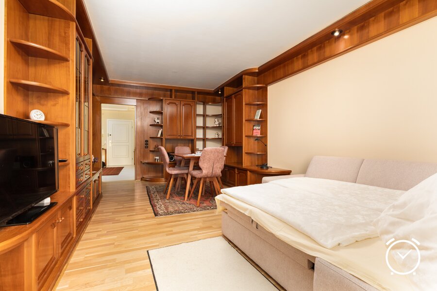 Living room with plenty of storage space and a flexible sofa bed: Perfect for guests or spontaneous overnight stays. The wooden furniture creates a warm atmosphere.