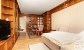 Wohnzimmer mit viel Stauraum und flexiblem Schlafsofa: Perfekt für Gäste oder spontane Übernachtungen. Die Holzmöbel sorgen für eine warme Atmosphäre.