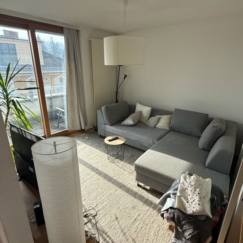 Wohnzimmer mit Schlafcouch, TV und Zugang zu Balkon