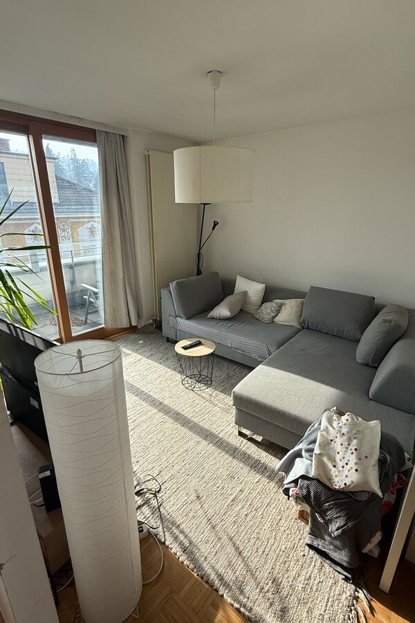 Wohnzimmer mit Schlafcouch, TV und Zugang zu Balkon