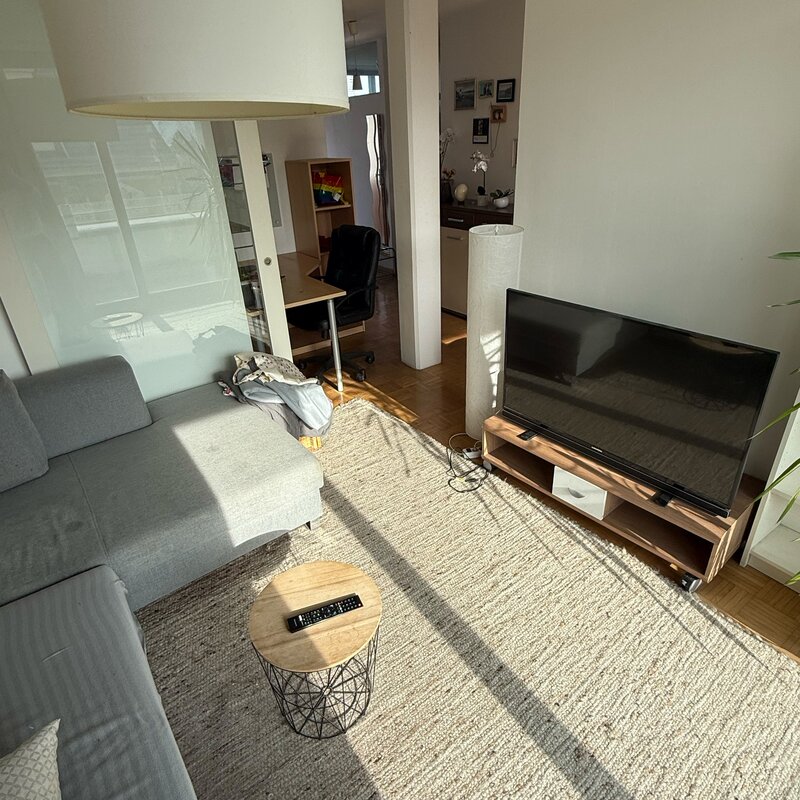 Wohnzimmer mit TV und Arbeitsbereich