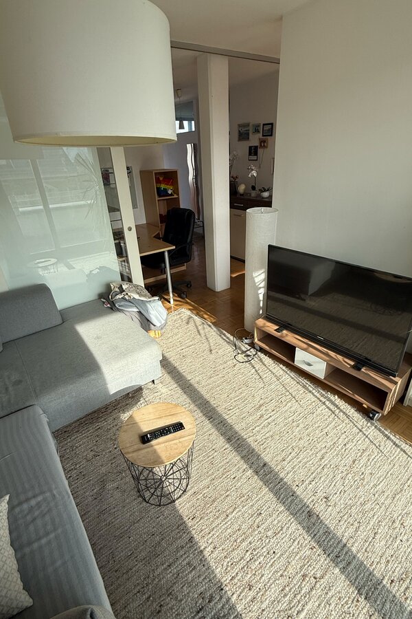 Wohnzimmer mit TV und Arbeitsbereich
