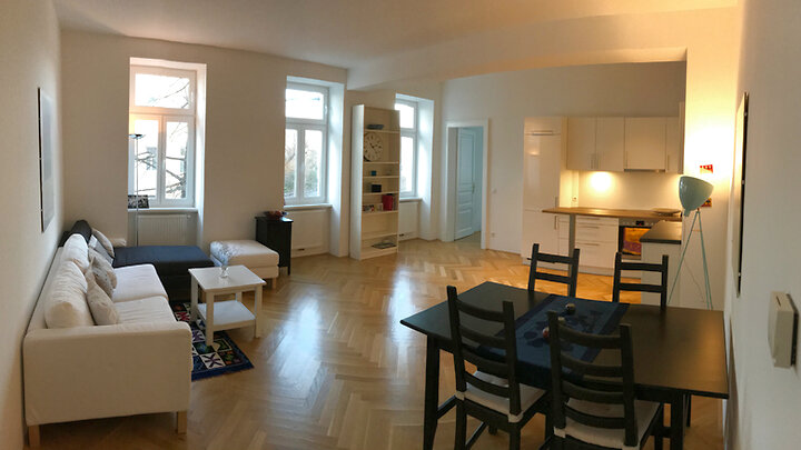 Living area and kitchen