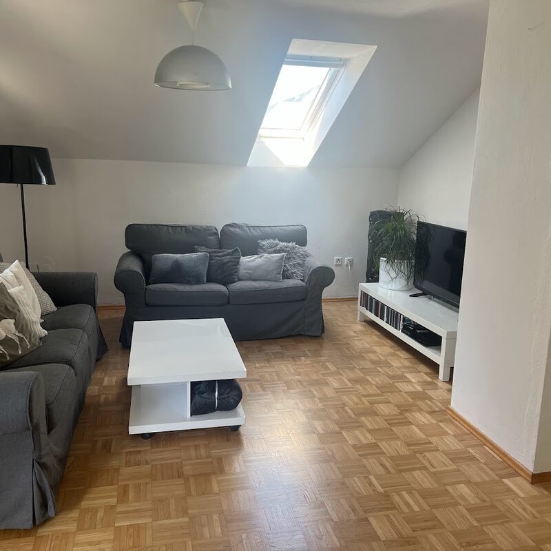 Behind the sofa it faces south, the skylight faces west