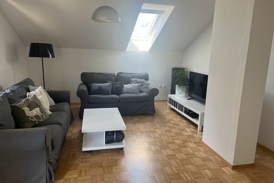 Behind the sofa it faces south, the skylight faces west