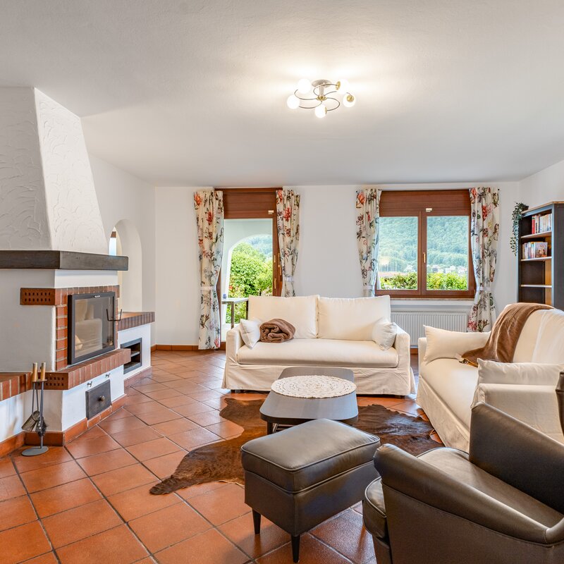 Bright living room with fireplace, 3-room apartment for short-term rental – temporary housing for 1 to 6 months in Hallwang