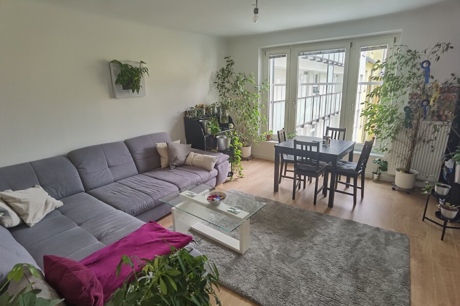 Wohnzimmer mit 20m2, Schlafcouch mit Platz für bis zu 2 zusätzliche Personen, ausziehbarer Esstisch (bis zu 6 Personen), Französischer Balkon mit Ausblich, am Nachmittag sonnig (da Richtung Westen) | © Holzer