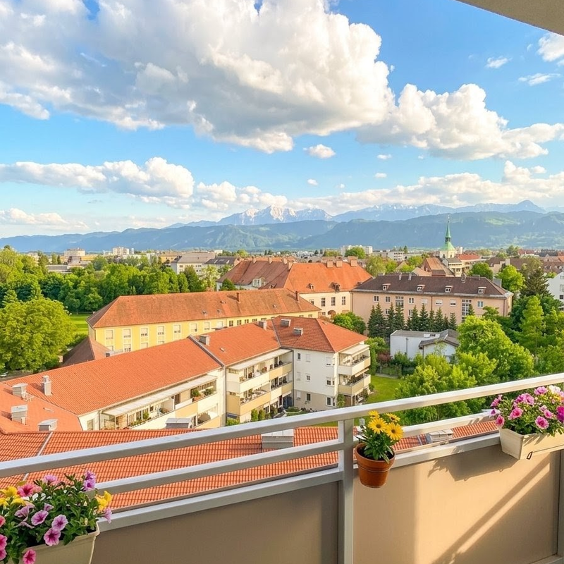 Balcony with Alpine view: 3-room apartment for short-term rental & temporary housing, 1 to 6 months, Klagenfurt