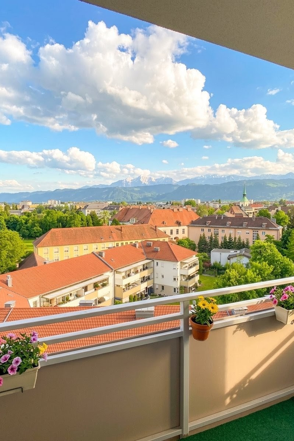 Balcony with Alpine view: 3-room apartment for short-term rental & temporary housing, 1 to 6 months, Klagenfurt