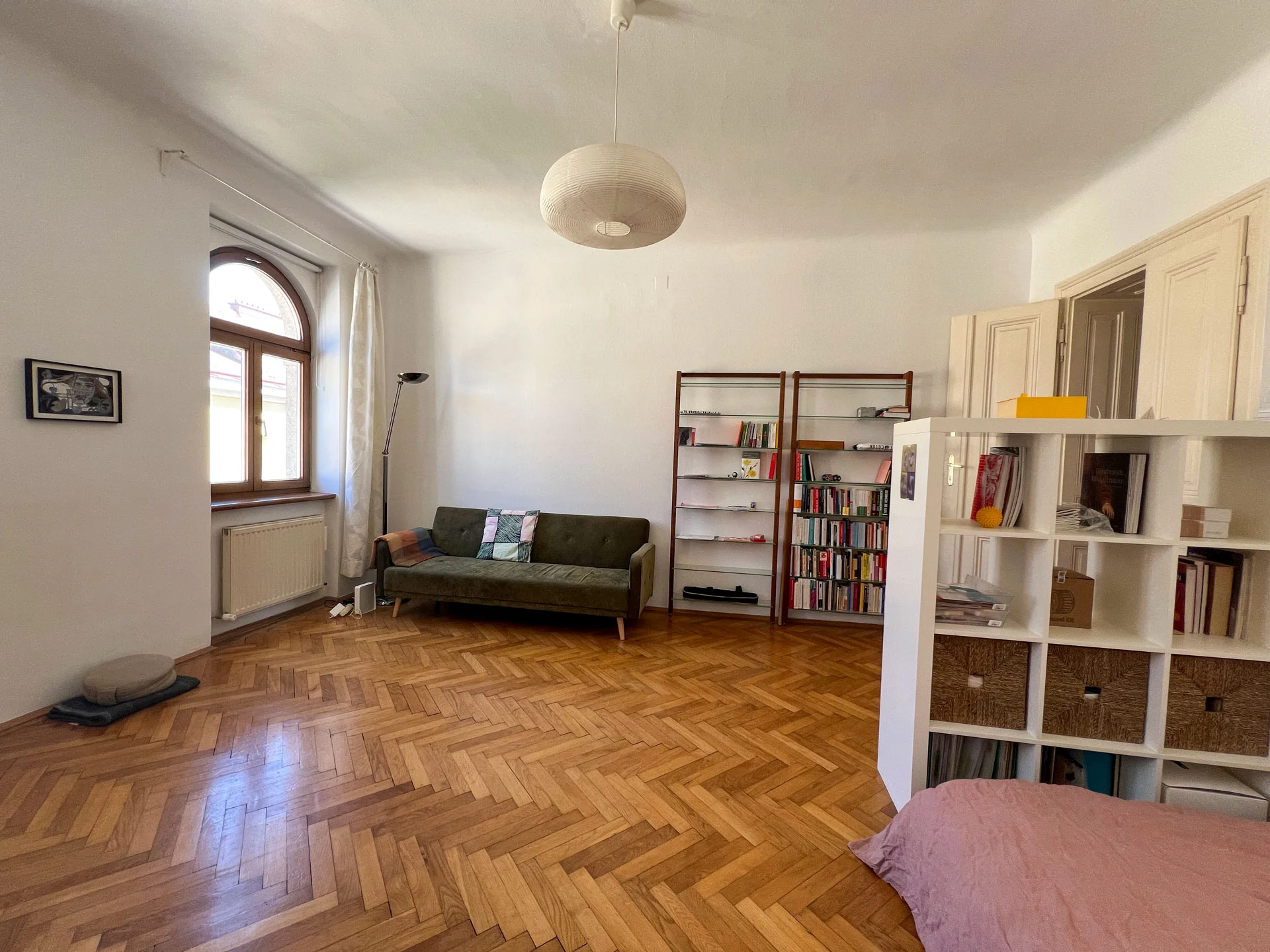 Wohn-/Schlafraum mit Sofa und Bücherregalen | © A.S.