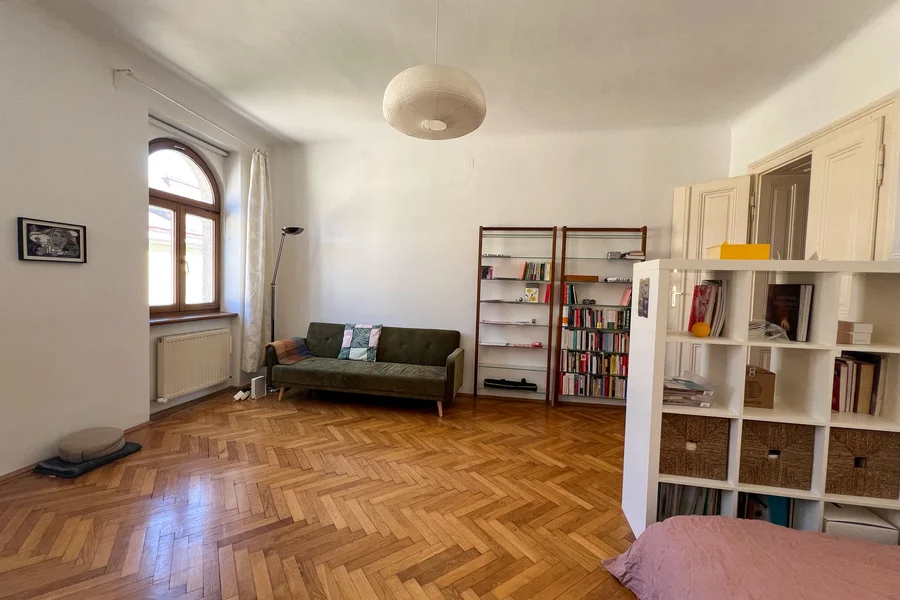 Wohn-/Schlafraum mit Sofa und Bücherregalen | © A.S.