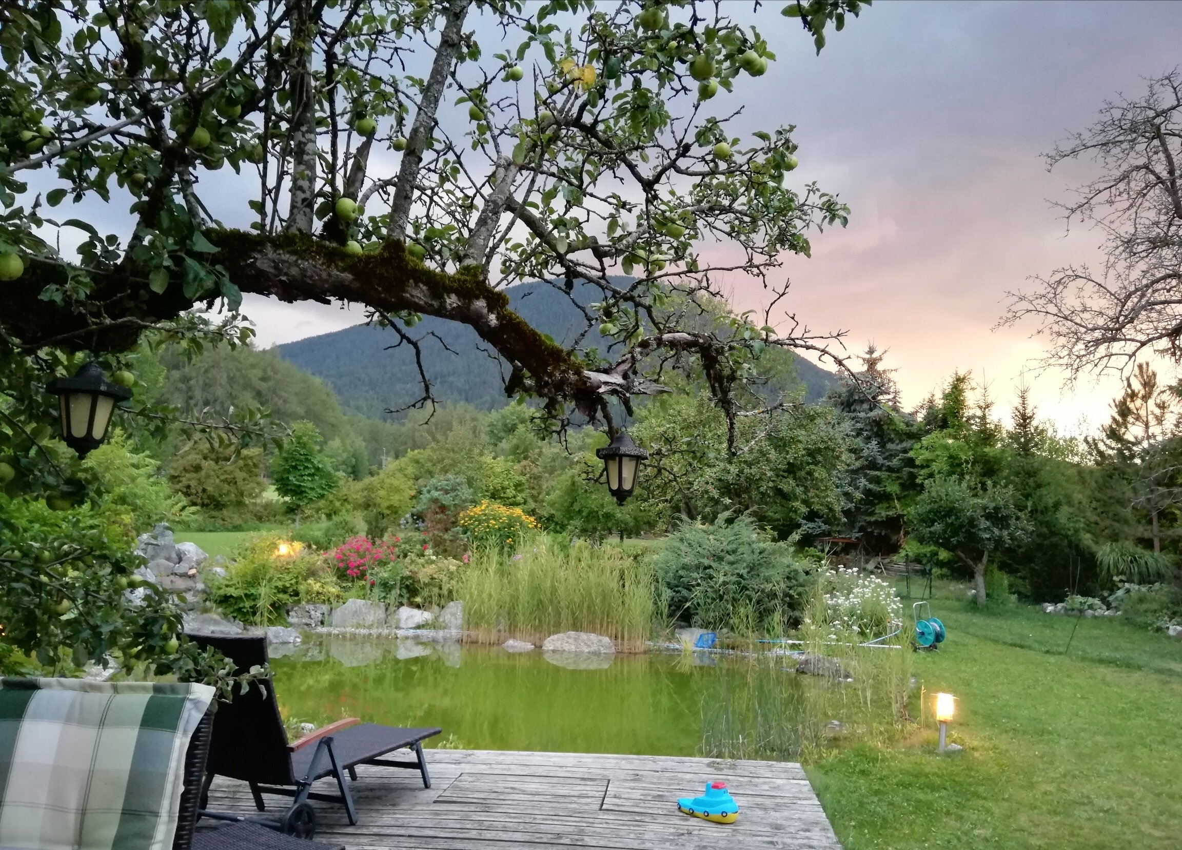Idyllischer Gartenteich mit Bergblick – Landhaus Kurzzeitmiete Obsteig, Wohnen auf Zeit für 1 bis 6 Monate