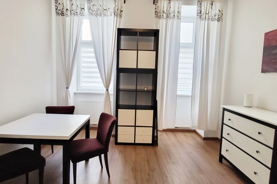 Bright living area with dining table & storage – 1-room apartment, short-term rental & temporary housing for 1 to 6 months in Vienna