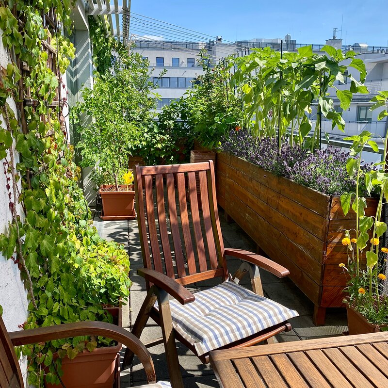 Die Terrasse ist begrünt und mit einer Bewässerungsanlage ausgestattet. Sitzmöbel laden zum Verweilen ein. | © hannabd