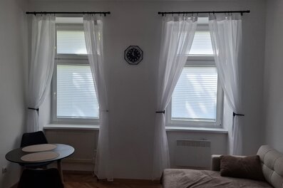 Helles Wohnzimmer mit großen Fenstern – 1-Zimmer Wohnung zur Kurzzeitmiete, Wohnen auf Zeit für 1 bis 6 Monate in Wien