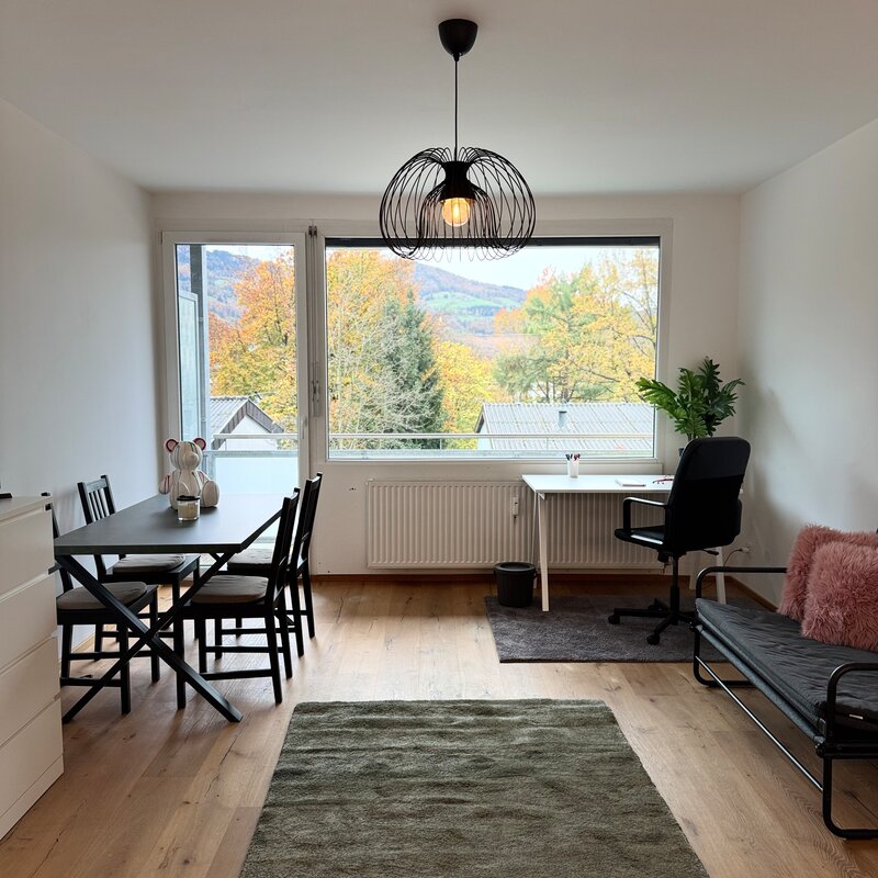 Helles Wohnzimmer mit Bergpanorama – 1-Zimmer-Wohnung zur Kurzzeitmiete & Wohnen auf Zeit für 1 bis 6 Monate in Salzburg