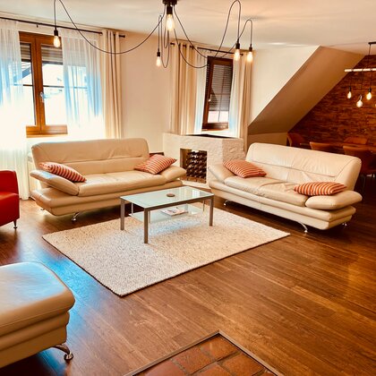 Spacious living and dining area with oven bed nook for additional guests