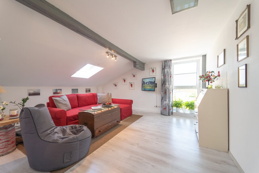 Bright living room with sloped ceiling & skylight – 2-room apt for short-term rental & temporary housing 1–6 months, Seekirchen
