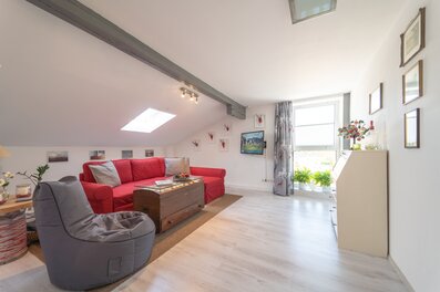 Bright living room with sloped ceiling & skylight – 2-room apt for short-term rental & temporary housing 1–6 months, Seekirchen