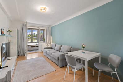 Bright living room with Ferris wheel view – 2-room apartment for short-term rental & temporary housing for 1 to 6 months in Vienna