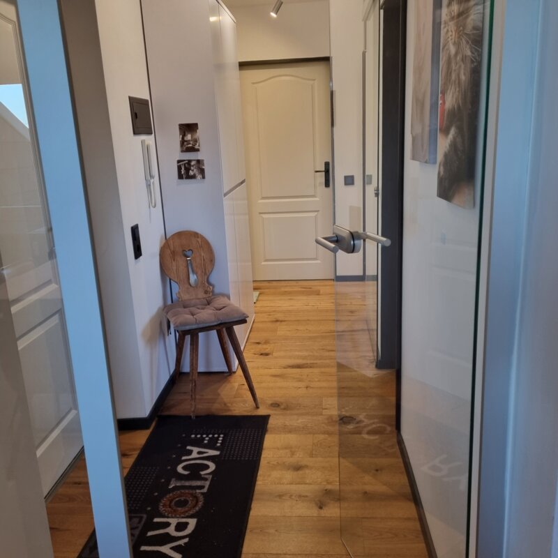 Corridor with view through the glass door into the living room