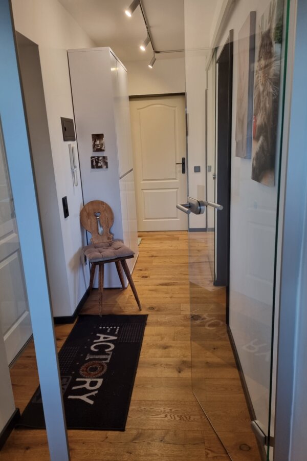 Corridor with view through the glass door into the living room