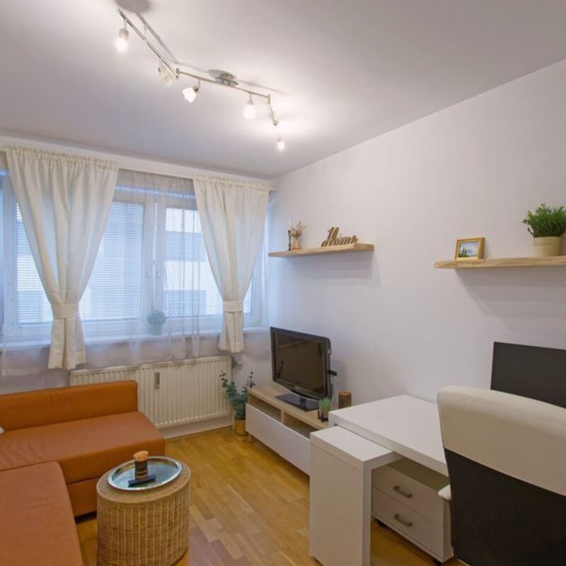 Cozy living room with sofa & desk – 3-room apartment, short-term rental & temporary housing for 1 to 6 months, Vienna