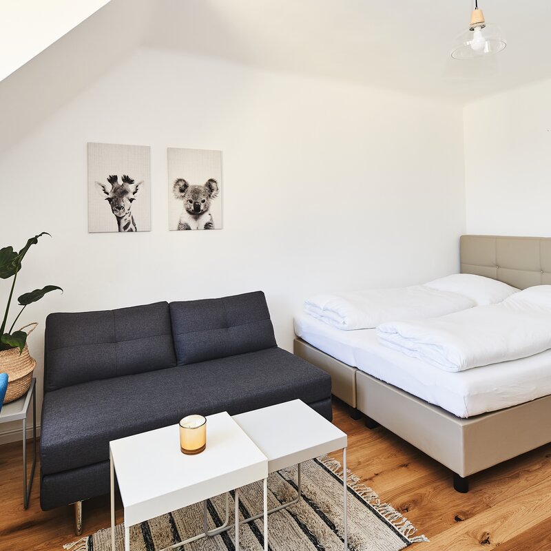 Bright 1-room apartment with sloped ceiling, double bed & sofa – short-term rental Vienna, temporary housing 1 to 6 months